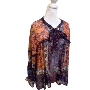 Knox Rose womens blouse floral paisley peasant cottagecore bow ruffle tiered L